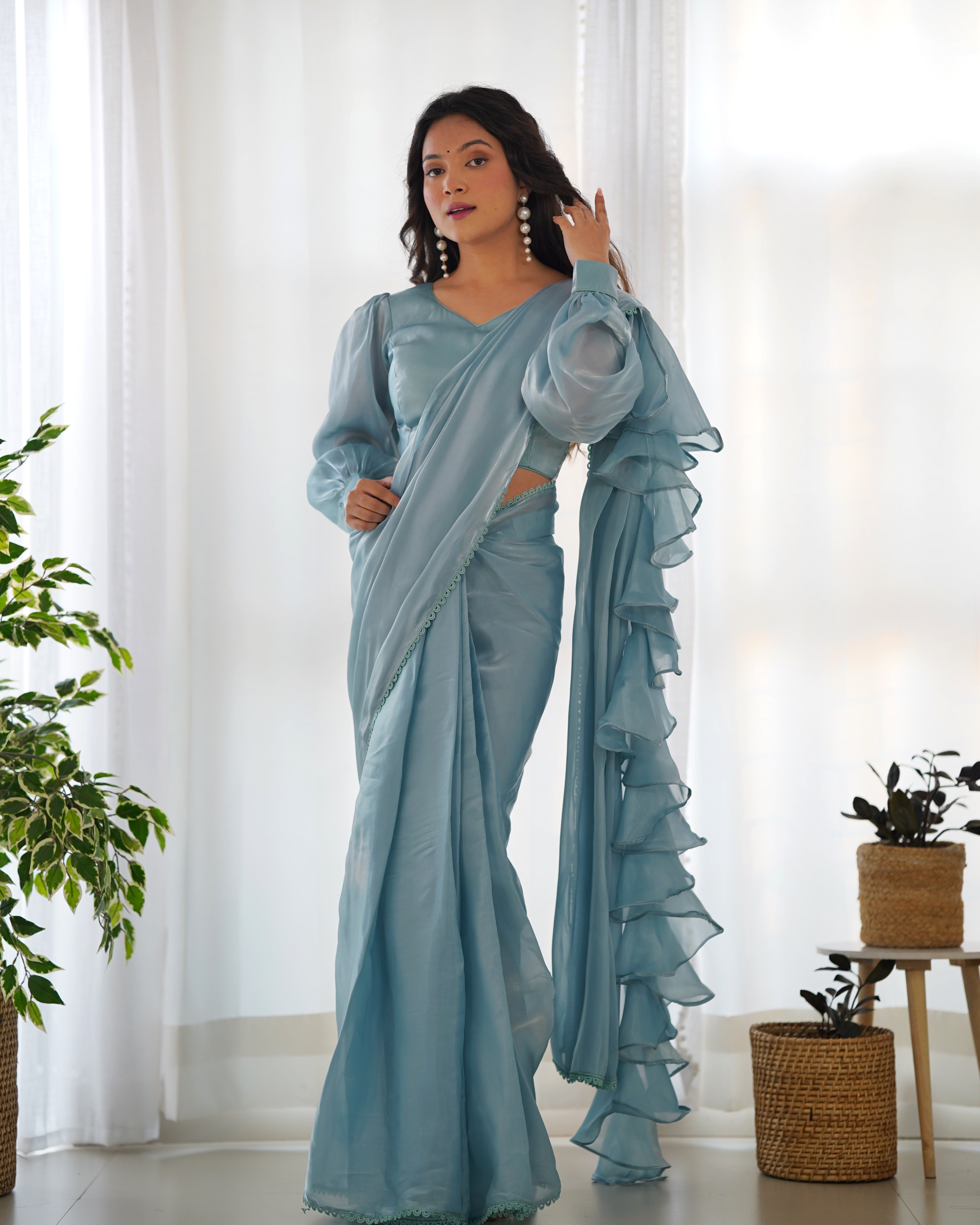Lorenvalley Ready to wear Jimmy Choo Organza Fabric Border Lace Work Predrapped Saree