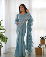 Thumbnail for Lorenvalley Ready to wear Jimmy Choo Organza Fabric Border Lace Work Predrapped Saree