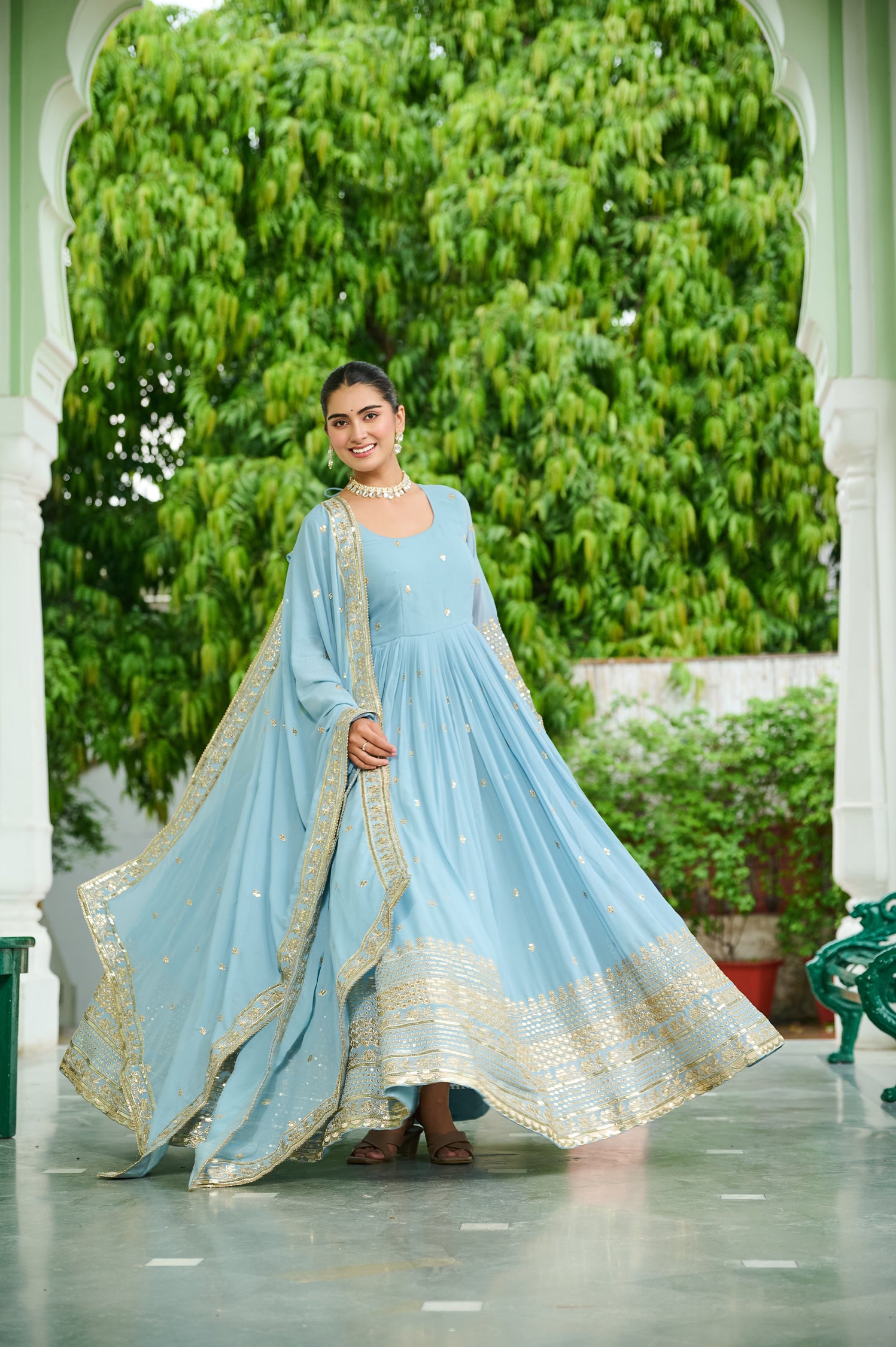 Lorenvalley Fashion Skyblue Faux Georgette with Embroidered work Anarkali Gown with Dupatta