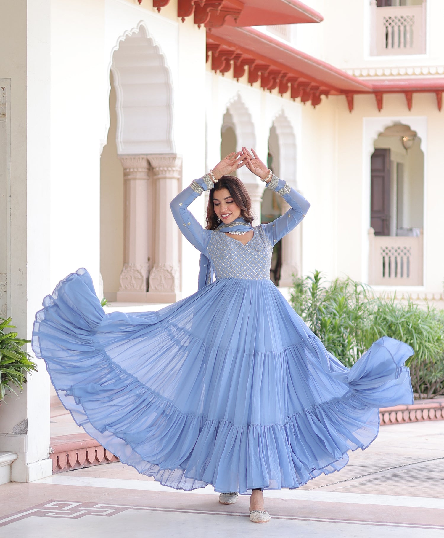 Lorenvalley Fashion Skyblue Faux Georgette with Zari & Sequins Embroidered Work Anarkali Gown with Dupatta