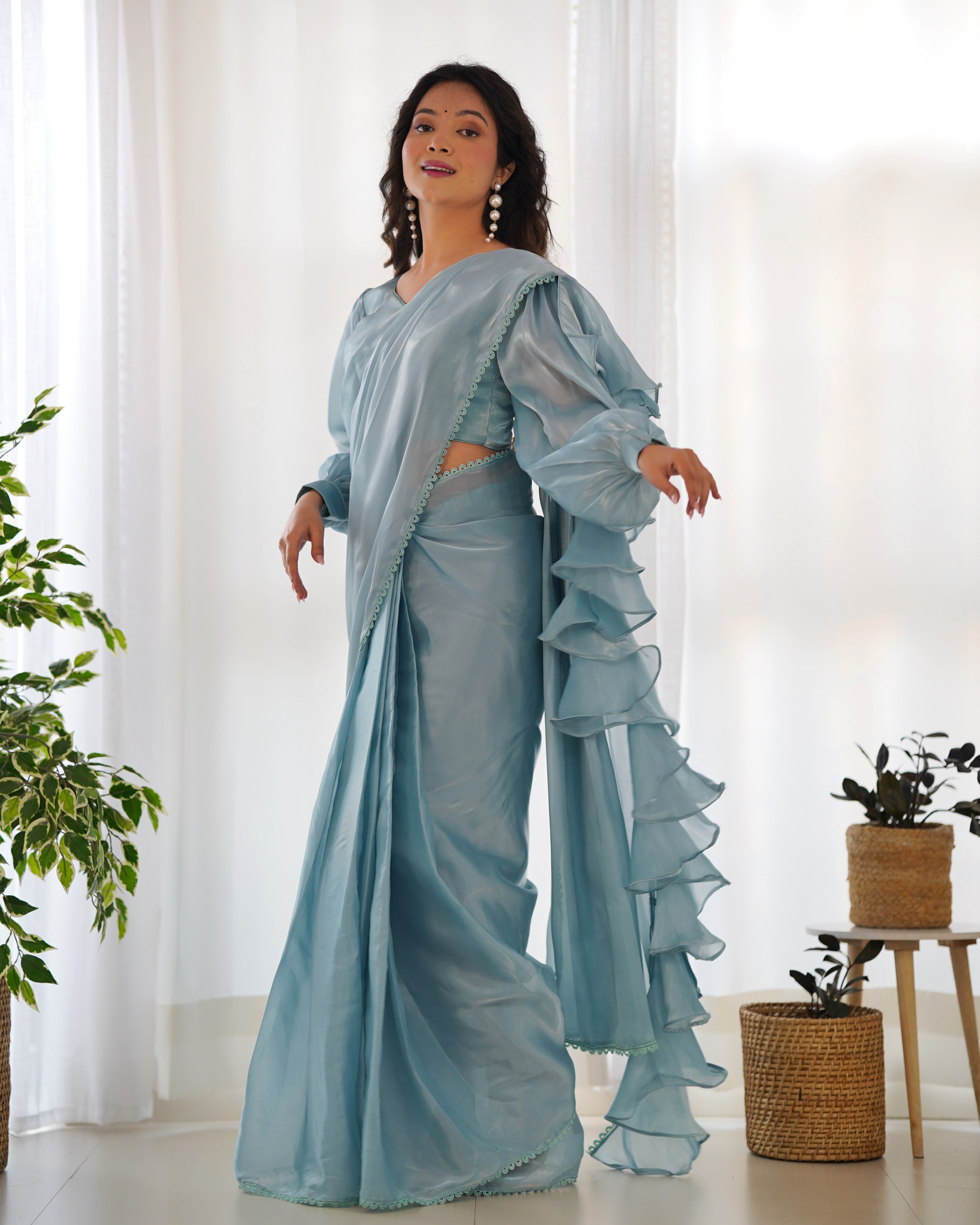 Lorenvalley Ready to wear Jimmy Choo Organza Fabric Border Lace Work Predrapped Saree