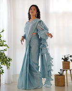 Thumbnail for Lorenvalley Ready to wear Jimmy Choo Organza Fabric Border Lace Work Predrapped Saree
