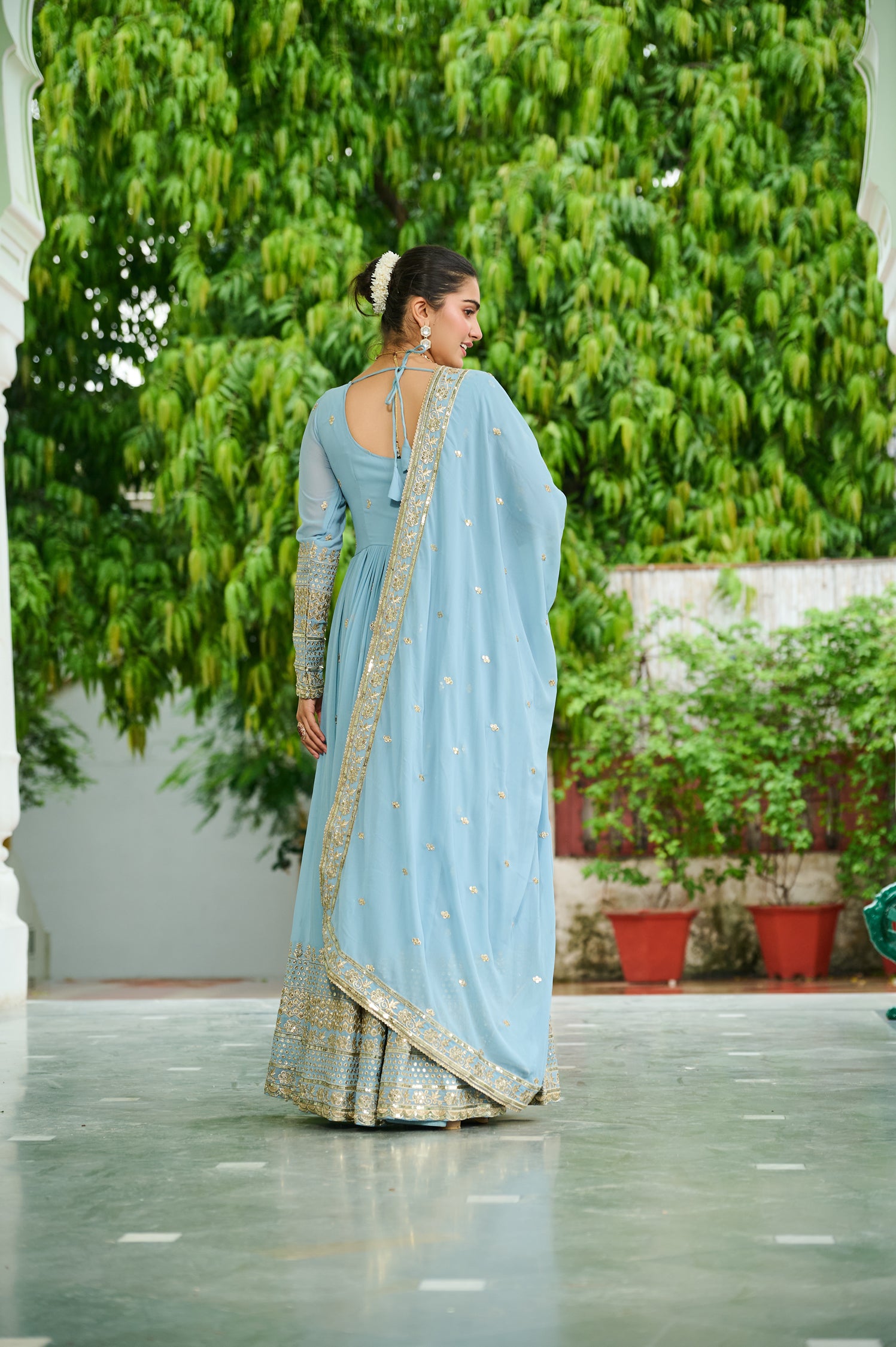 Lorenvalley Fashion Skyblue Faux Georgette with Embroidered work Anarkali Gown with Dupatta