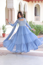 Thumbnail for Lorenvalley Fashion Skyblue Faux Georgette with Zari & Sequins Embroidered Work Anarkali Gown with Dupatta