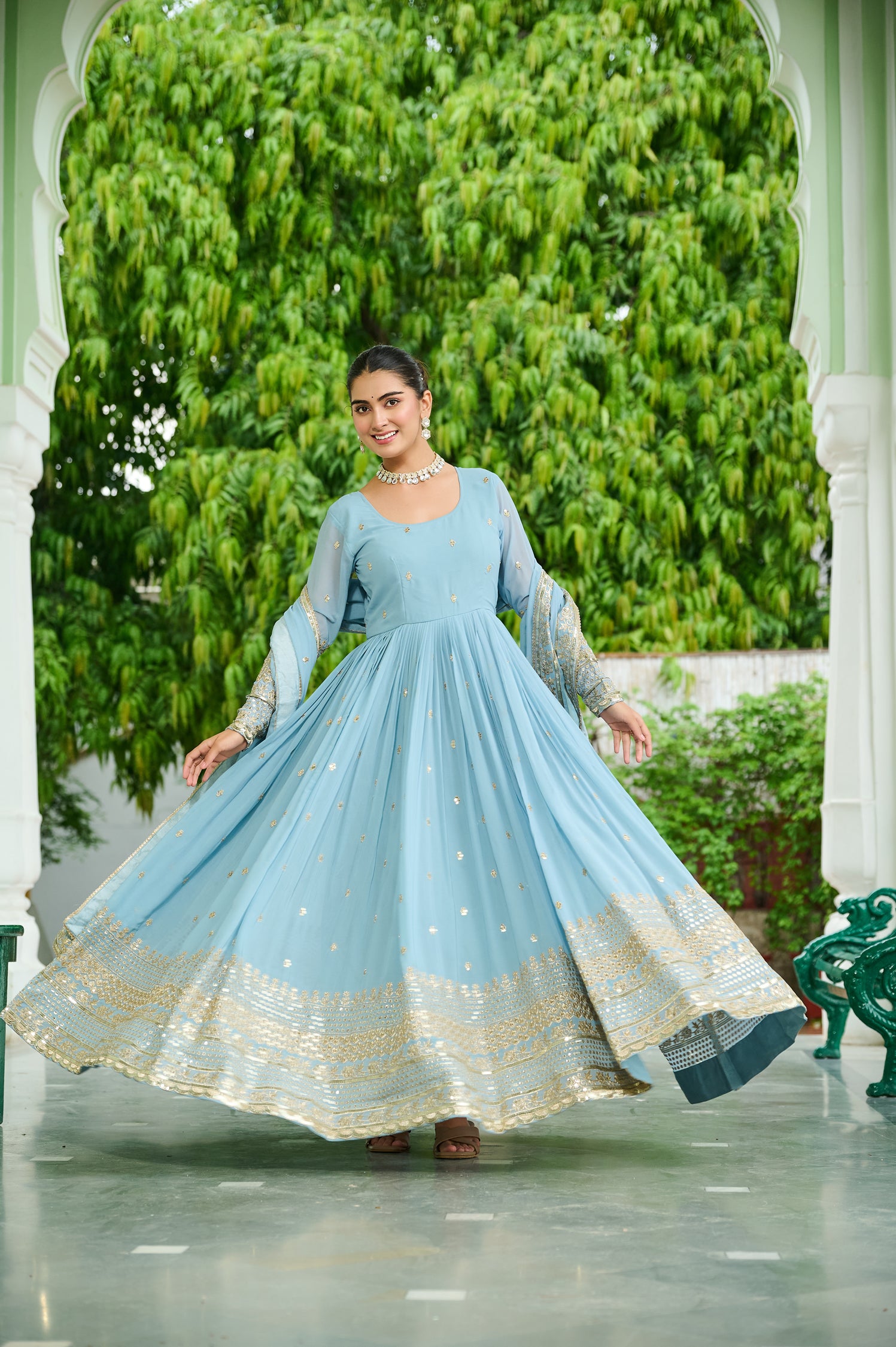 Lorenvalley Fashion Skyblue Faux Georgette with Embroidered work Anarkali Gown with Dupatta