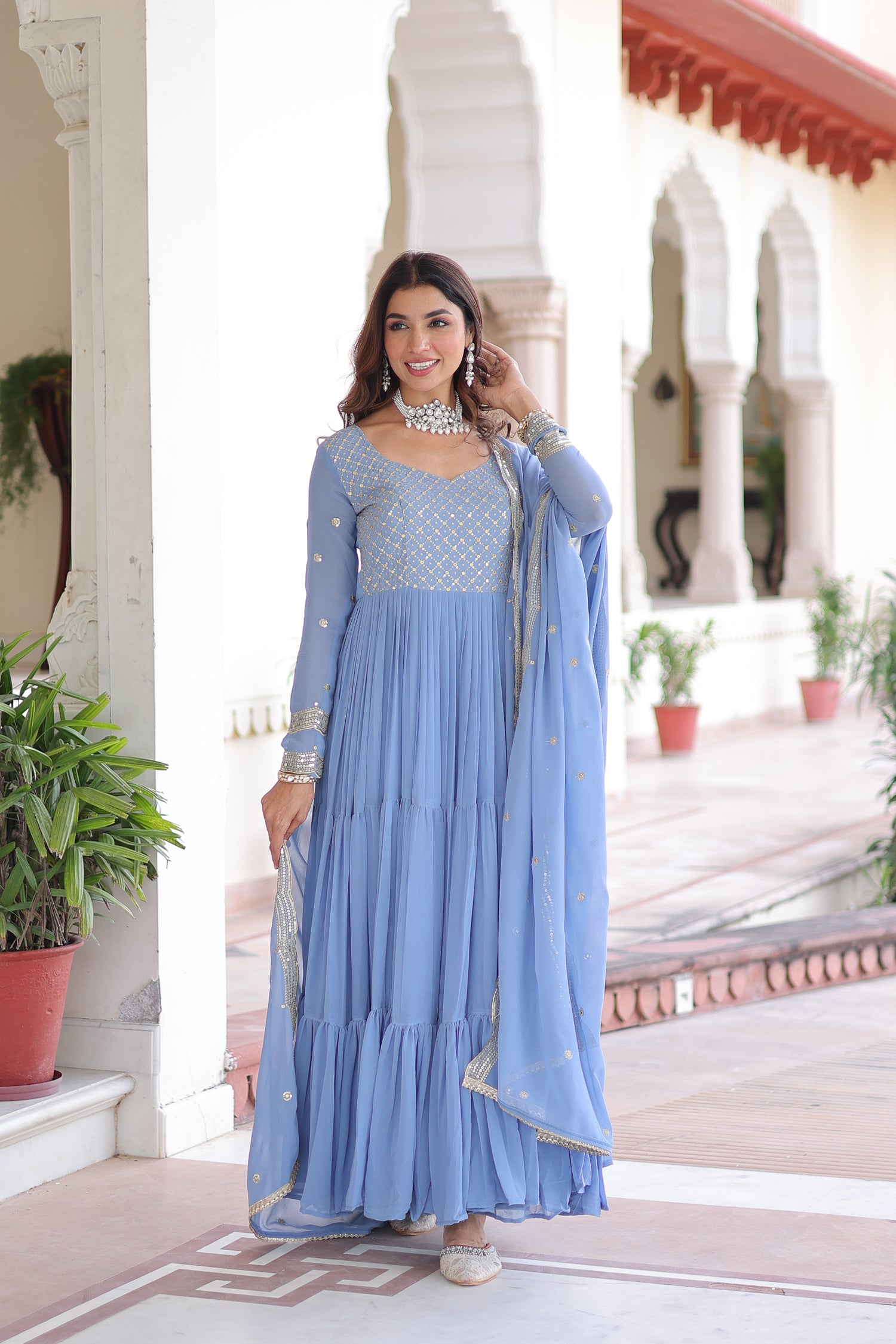 Lorenvalley Fashion Skyblue Faux Georgette with Zari & Sequins Embroidered Work Anarkali Gown with Dupatta