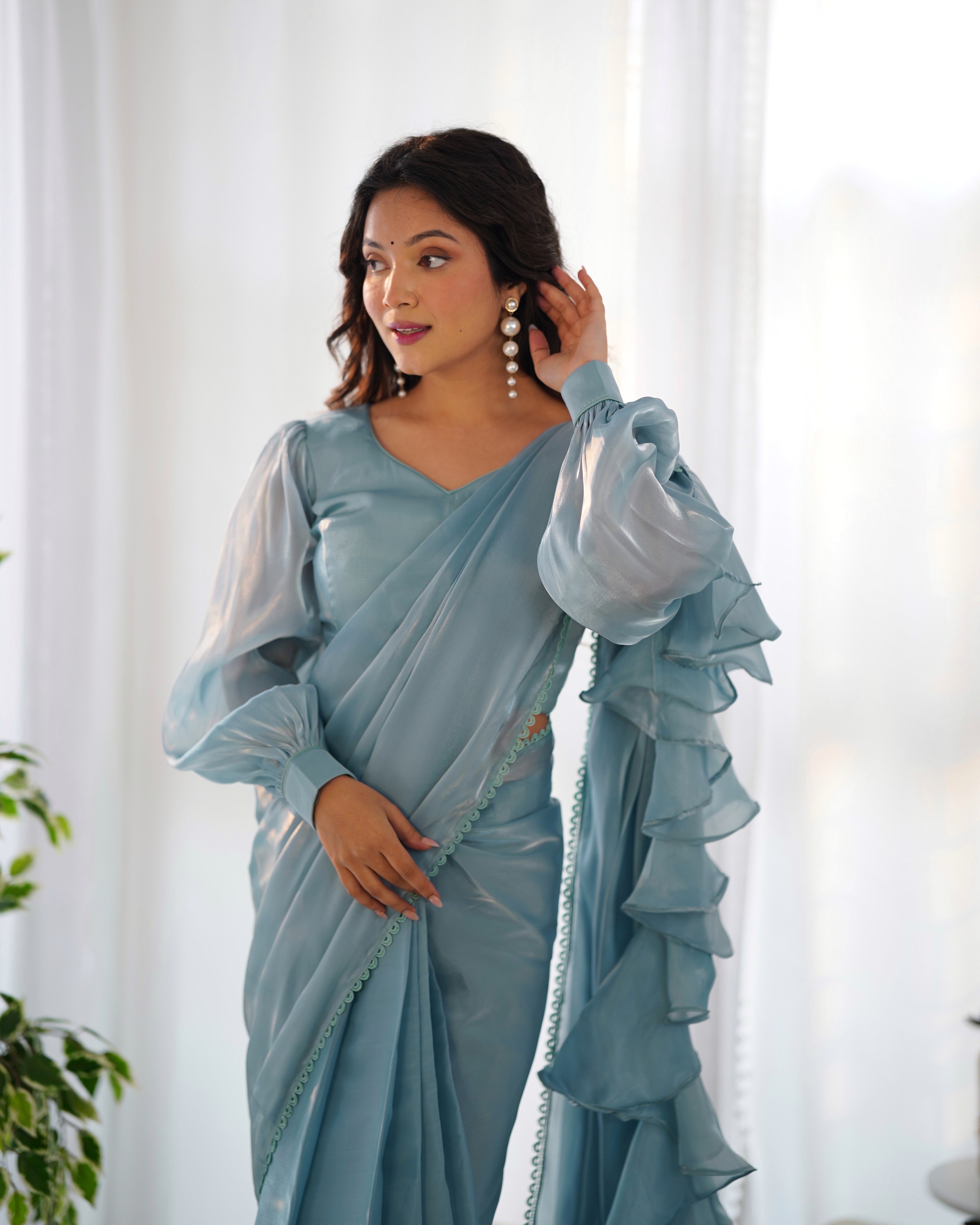 Lorenvalley Ready to wear Jimmy Choo Organza Fabric Border Lace Work Predrapped Saree