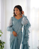 Thumbnail for Lorenvalley Ready to wear Jimmy Choo Organza Fabric Border Lace Work Predrapped Saree