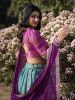 Thumbnail for Lorenvalley Skyblue Kanchipuram Zari Weaving Work Lehenga Choli with Dupatta - Distacart