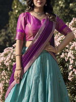 Thumbnail for Lorenvalley Skyblue Kanchipuram Zari Weaving Work Lehenga Choli with Dupatta - Distacart