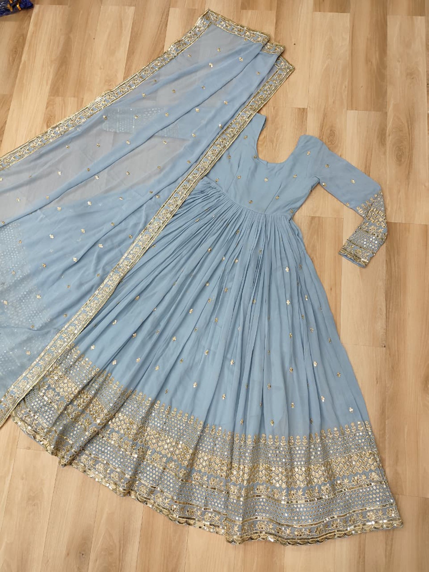Lorenvalley Fashion Skyblue Faux Georgette with Embroidered work Anarkali Gown with Dupatta