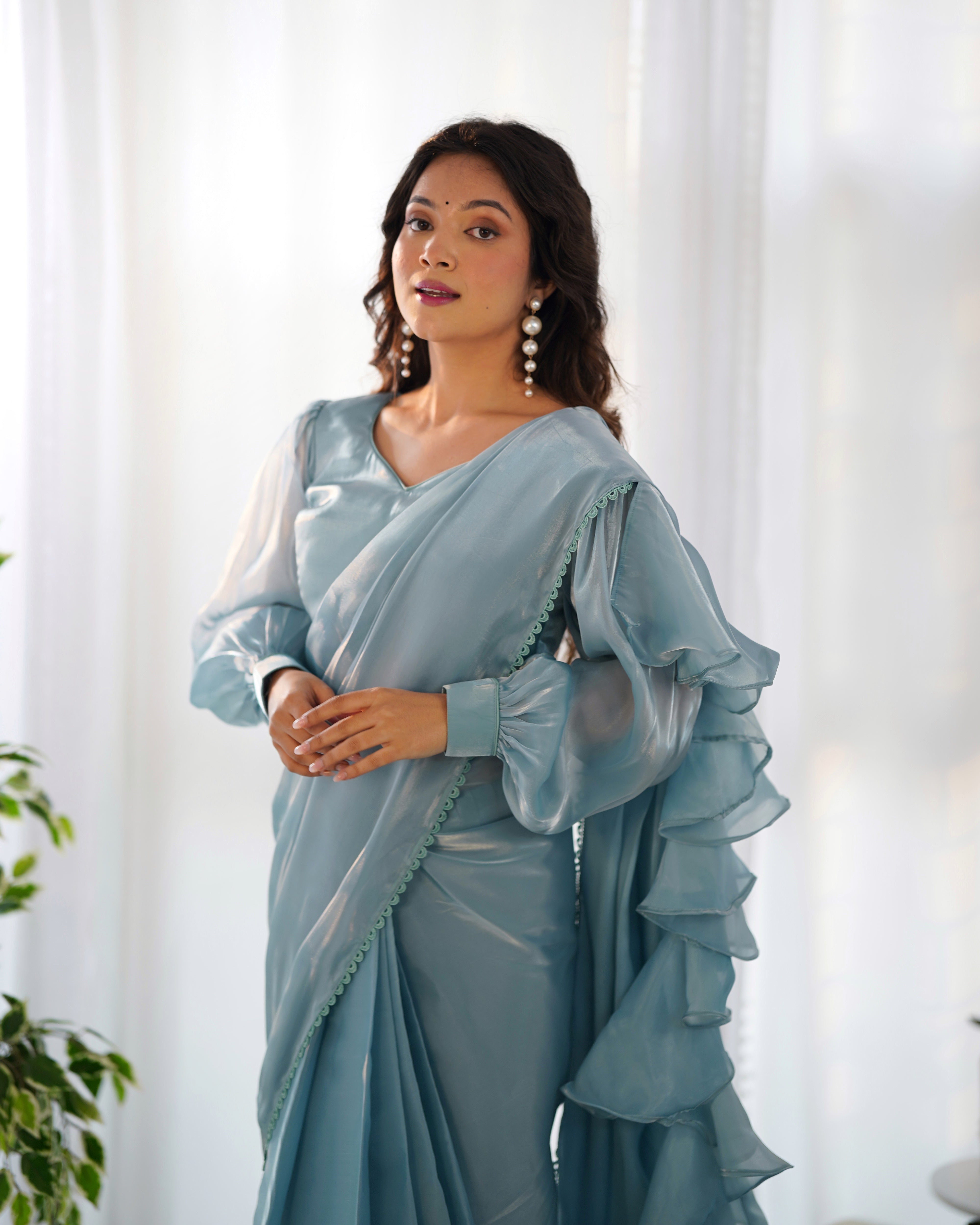 Lorenvalley Ready to wear Jimmy Choo Organza Fabric Border Lace Work Predrapped Saree