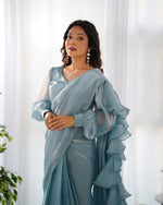 Thumbnail for Lorenvalley Ready to wear Jimmy Choo Organza Fabric Border Lace Work Predrapped Saree