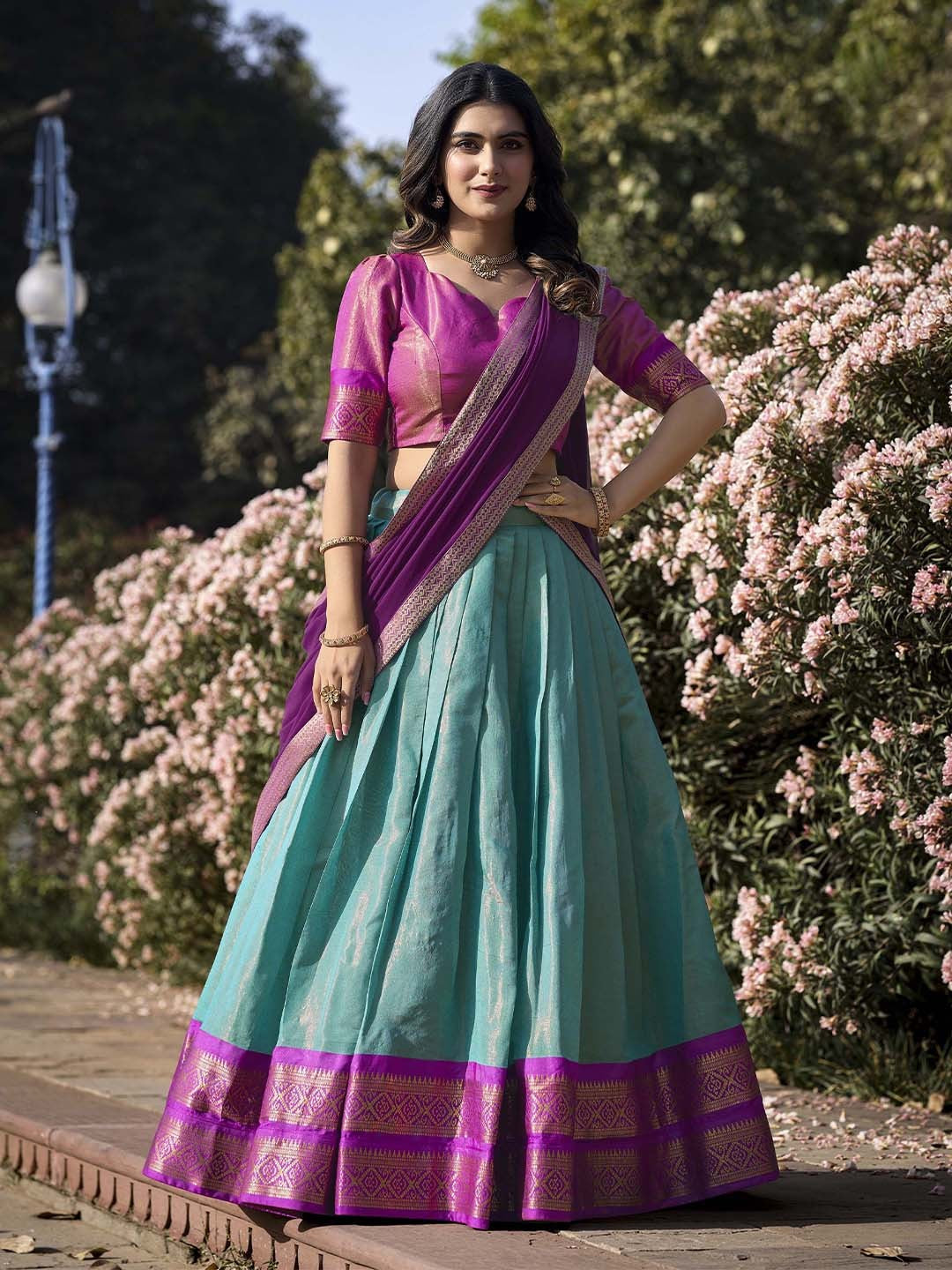 Lorenvalley Skyblue Kanchipuram Zari Weaving Work Lehenga Choli with Dupatta - Distacart
