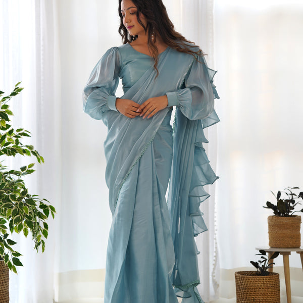 Lorenvalley Ready to wear Jimmy Choo Organza Fabric Border Lace Work Predrapped Saree - Distacart