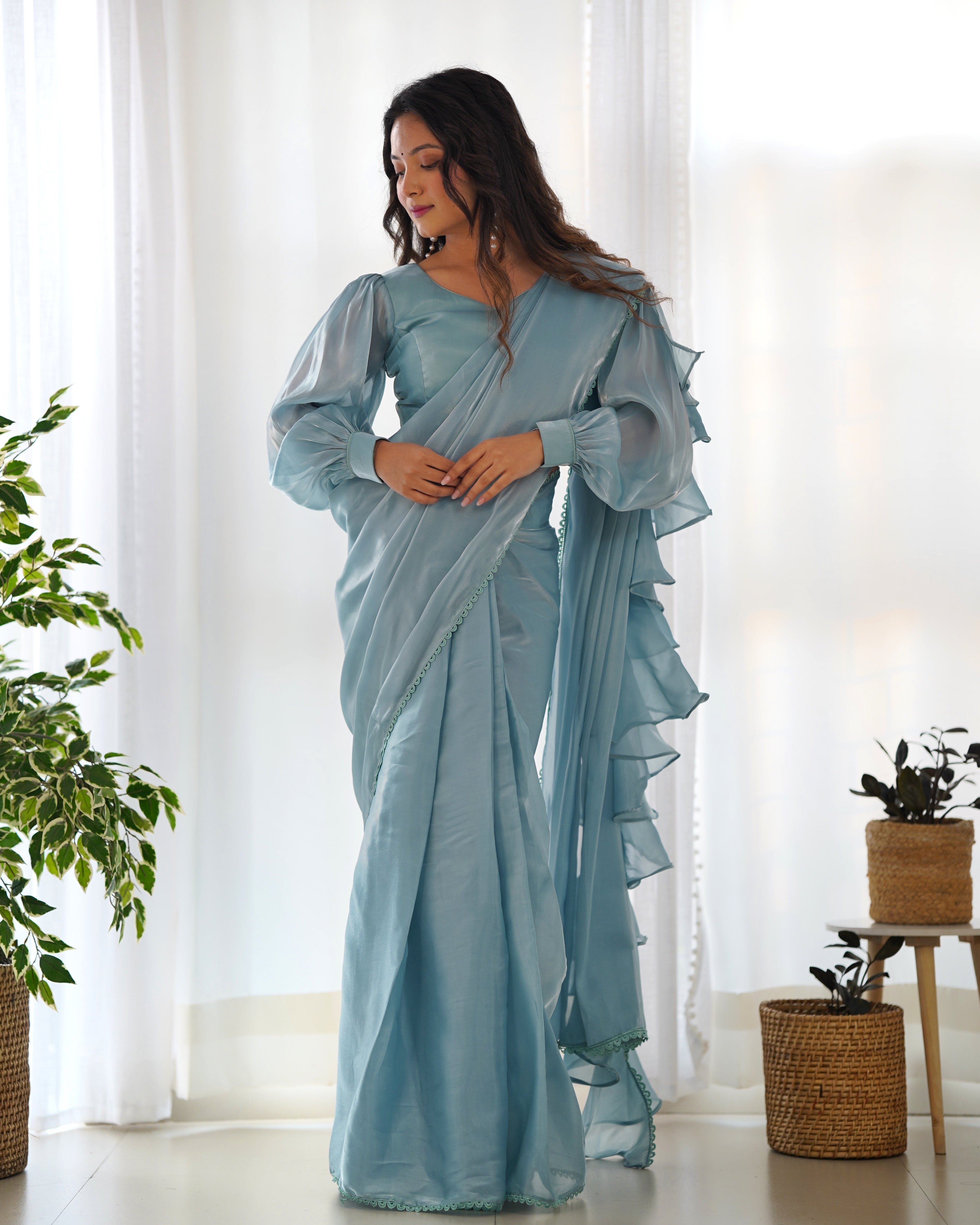 Lorenvalley Ready to wear Jimmy Choo Organza Fabric Border Lace Work Predrapped Saree - Distacart