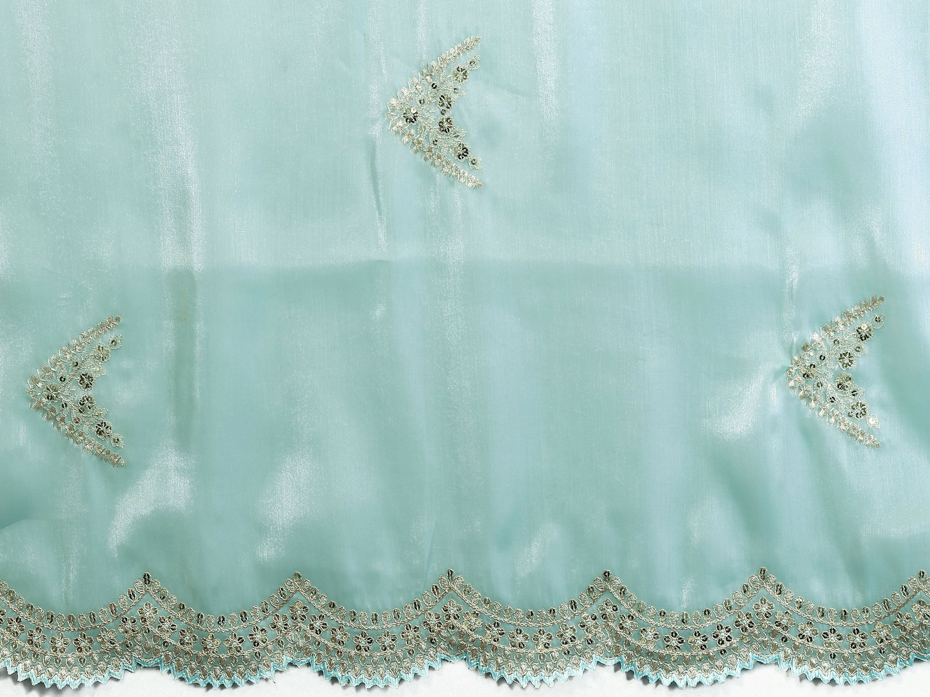 Vastranavya Sky Blue Embroidery Work Shimmer Chiffon Saree with Unstitched Blouse