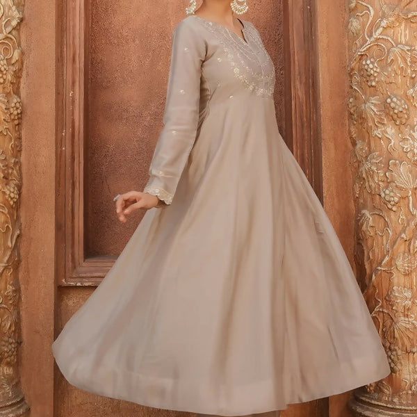 The52 Brown Women's Gorgeous Vichitra Silk Fabric Embroidered Work Flared Anarkali Pant and Dupatta Set