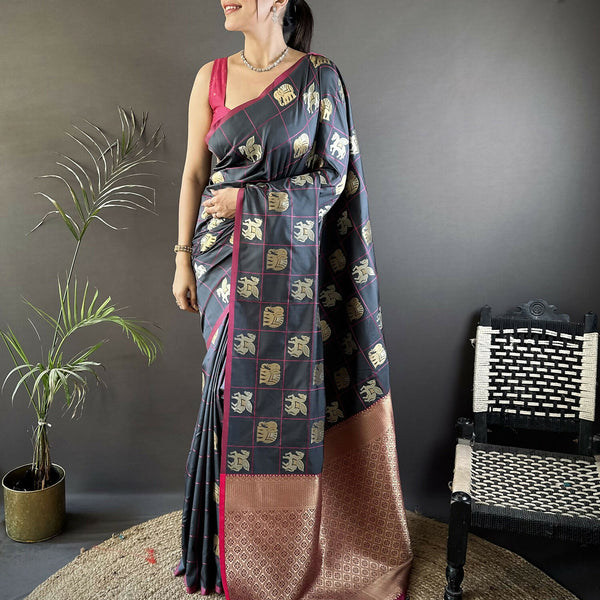 Joban Fashion Grey Elephant Motif Soft Silk Banarasi silk Saree - Distacart