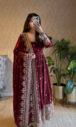 Thumbnail for Teeya Creation Maroon Fendi Silk Designer Heavy Work Wedding Wear Long Gown - Distacart