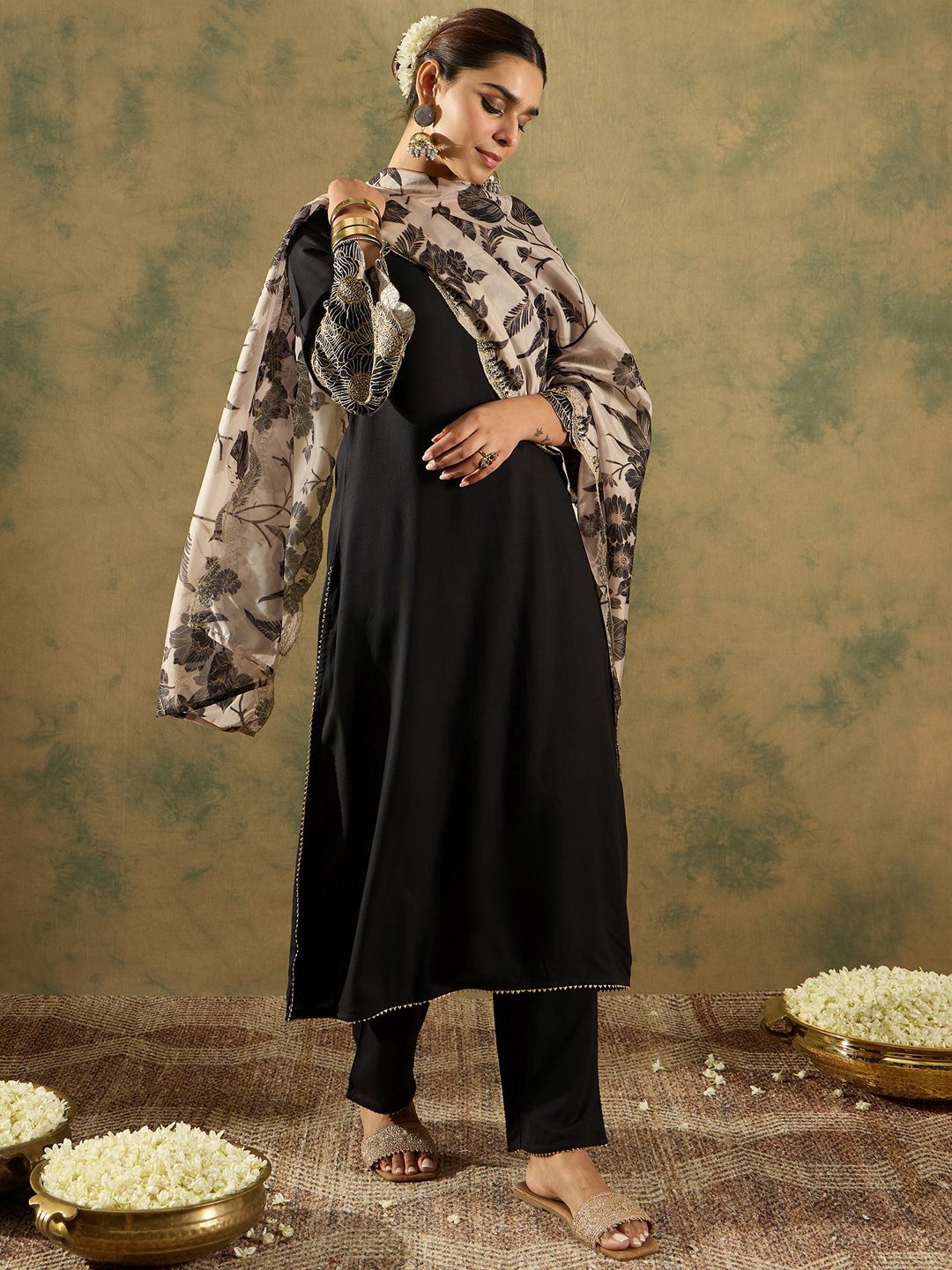 Indo Era Round Neck Straight Kurta With Trousers & Dupatta