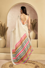 Thumbnail for Vastranavya Off White Digital Printed Linen Ready To Wear Pocket Saree with Unstitched Blouse - Distacart