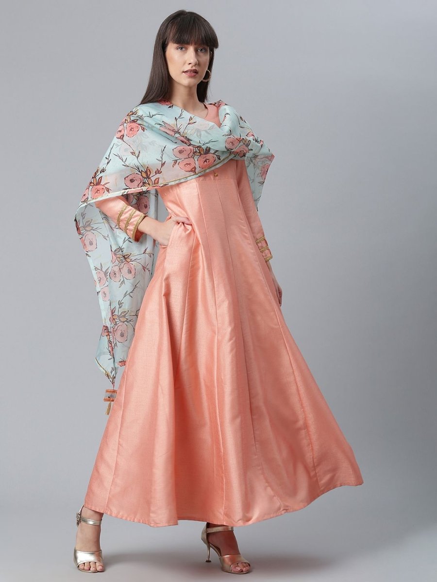 Ahalyaa Poly Silk Peach Kurta With Dupatta Set