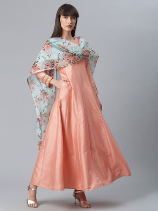 Ahalyaa Poly Silk Peach Kurta With Dupatta Set