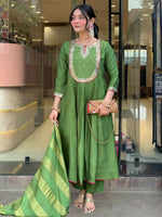 Thumbnail for The52 Light Green Women's Gorgeous Embroidered Work Chanderi Fabric Flared Kurta Pant and Dupatta Set - Distacart