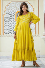 Thumbnail for Kaajh Women's Yellow Embroidered Ethnic Gown - Distacart