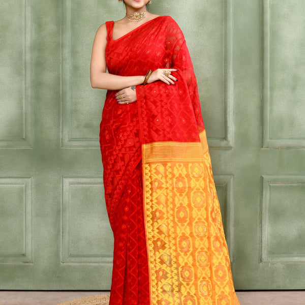 Piyari Fashion Women's Red Embellished Cotton Blend Jamdani Saree - Distacart