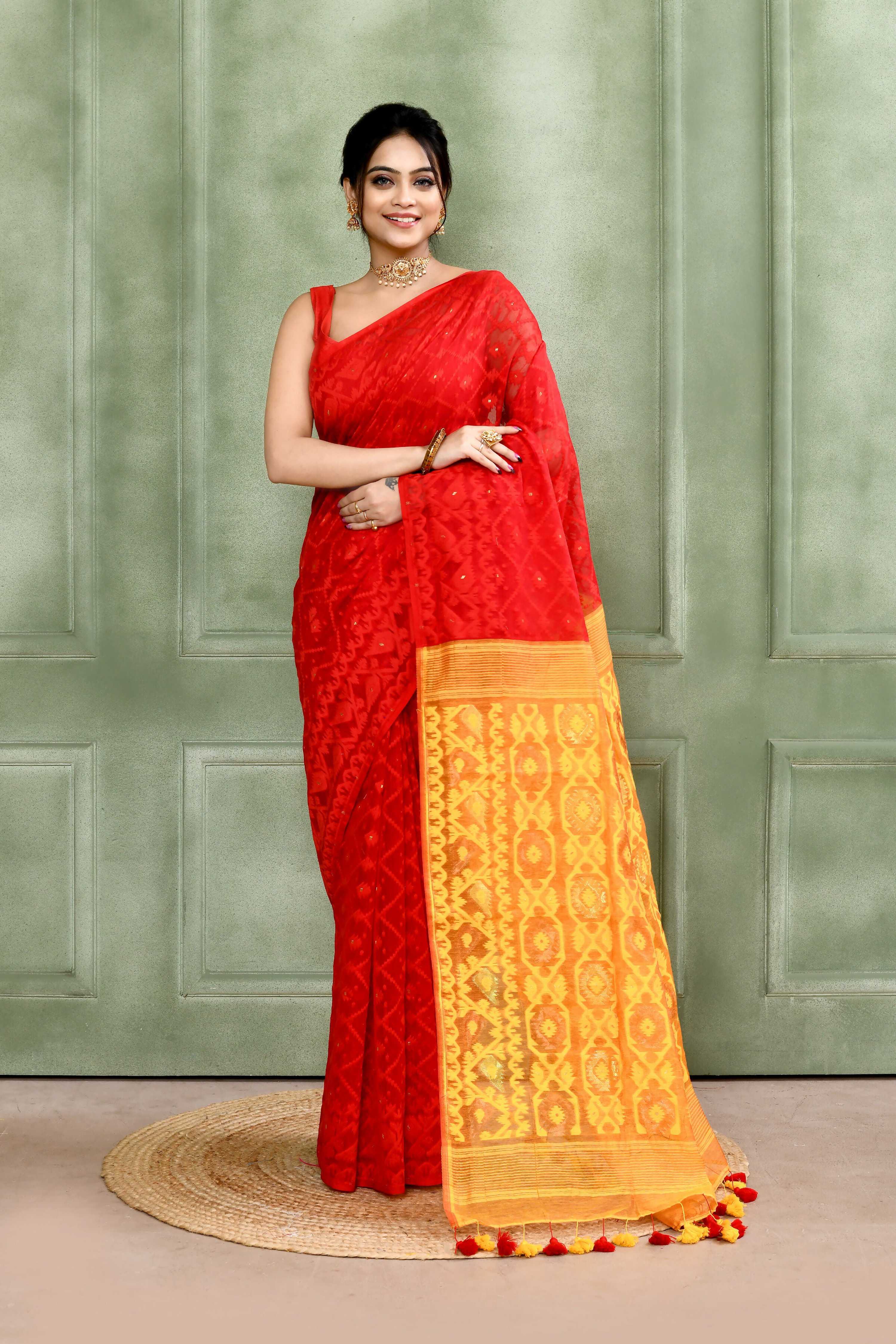 Piyari Fashion Women's Red Embellished Cotton Blend Jamdani Saree - Distacart