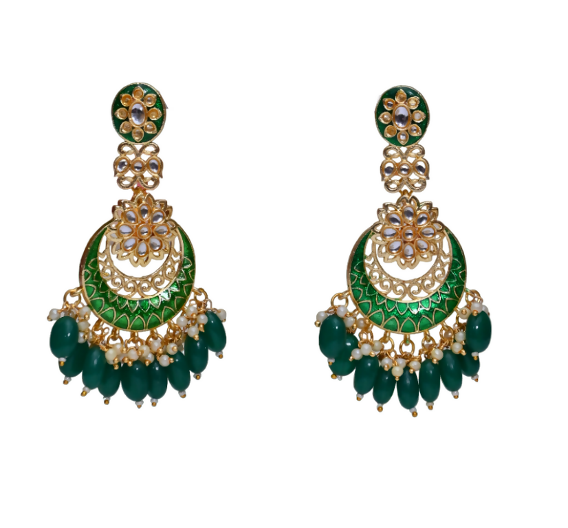 Green Gold-Polished Beautifully Enamelled Stylish Kundan & Pearl Dangle Women Earrings|Meenakari Chandbali Traditional Ethnic Wear Earrings By House of Ree - Distacart