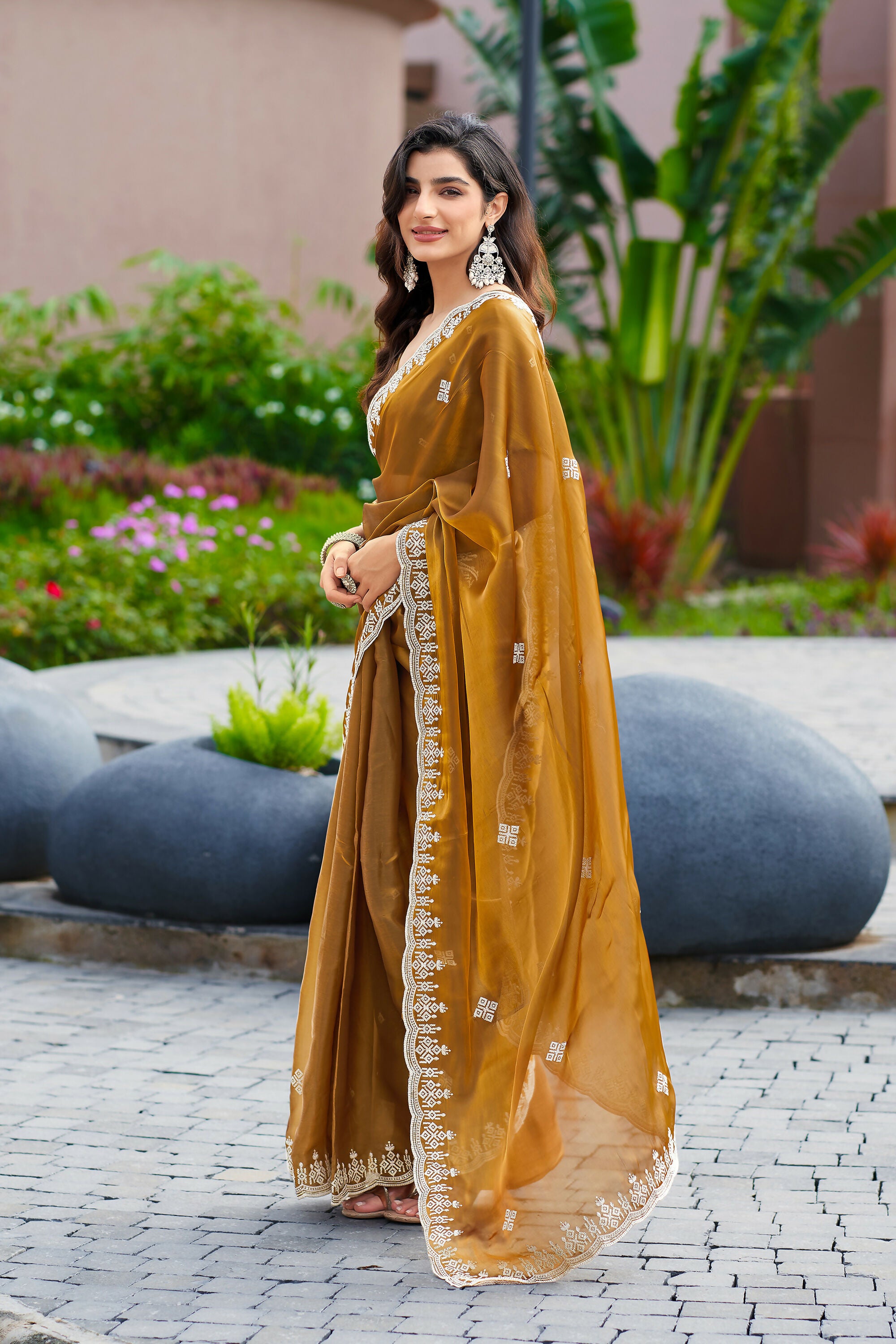 Vastranavya Brown Embroidery Work Shimmer Chiffon Saree with Unstitched Blouse