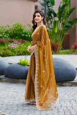 Thumbnail for Vastranavya Brown Embroidery Work Shimmer Chiffon Saree with Unstitched Blouse