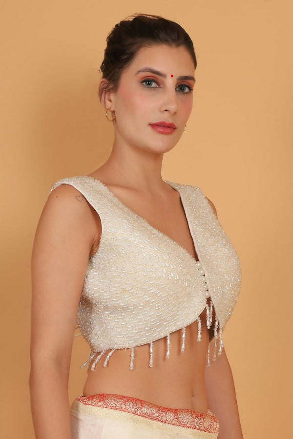 Joban Fashion Silk Pearl And Beads Hand Embroidery Padded Blouse - Pearl White