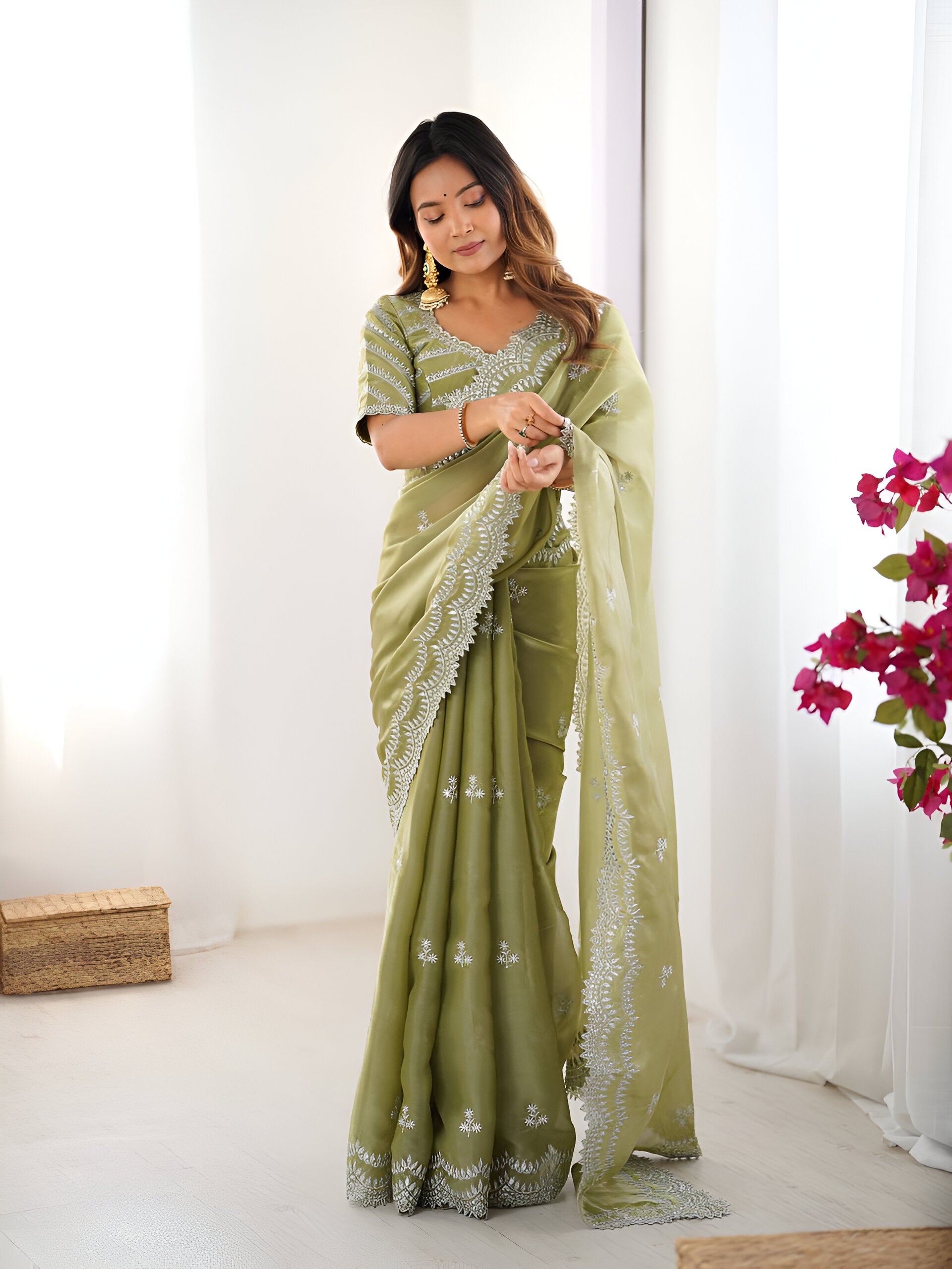 Lehenga Mart Party Wear saree for women - Olive green - Distacart
