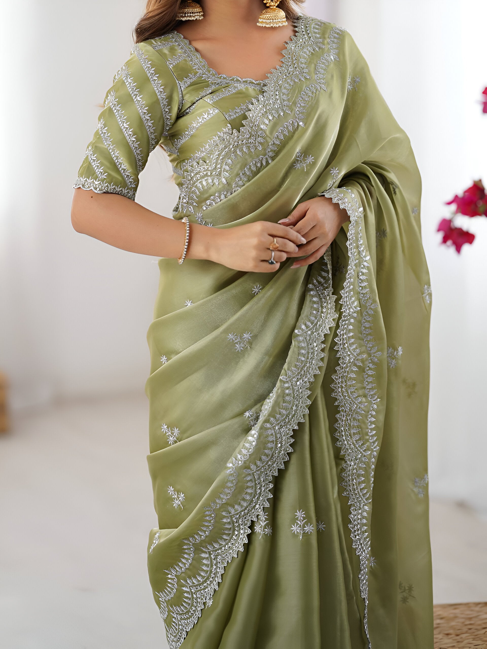 Lehenga Mart Party Wear saree for women - Olive green - Distacart