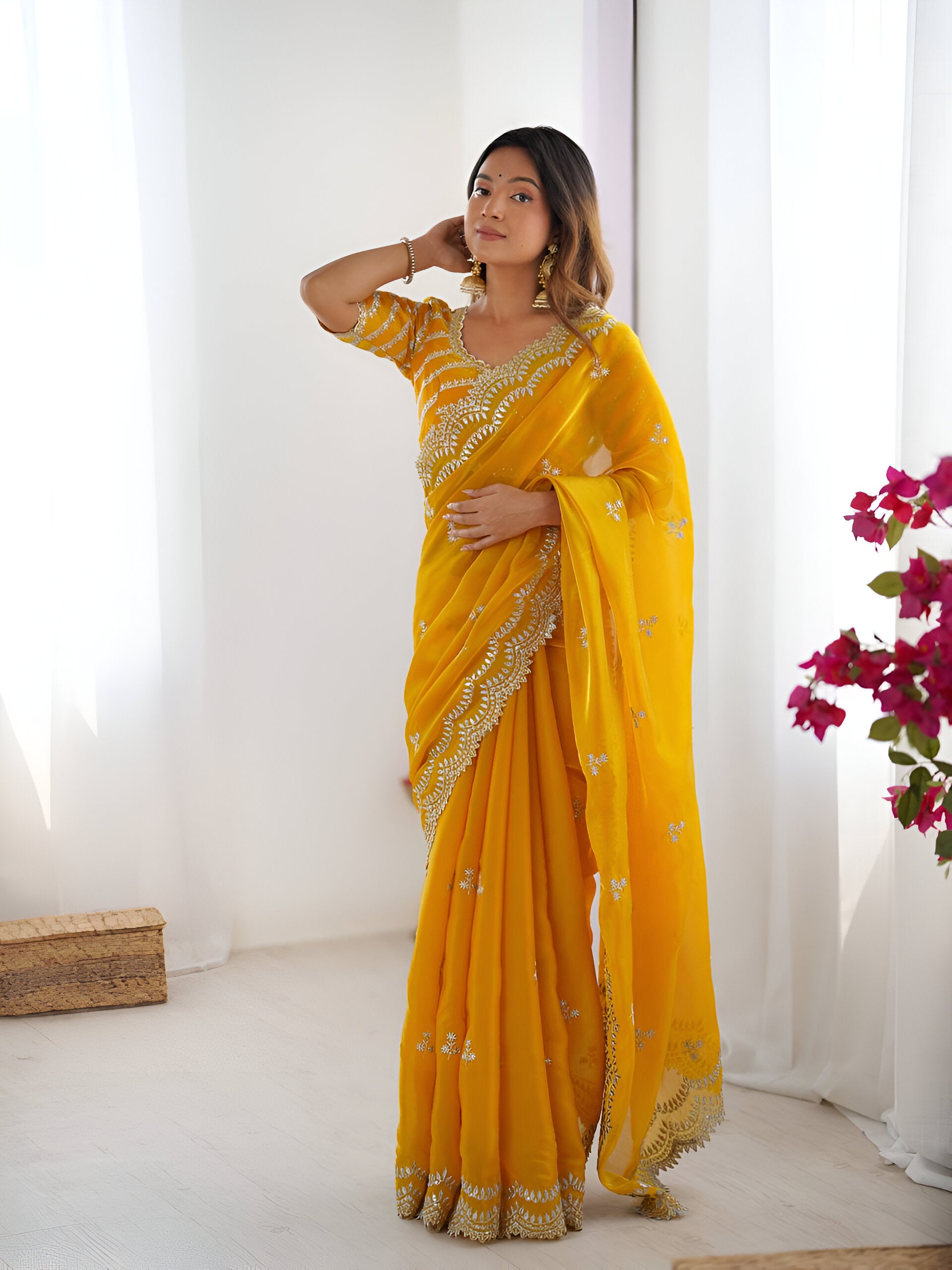 Lehenga Mart Party Wear saree for women - yellow - Distacart