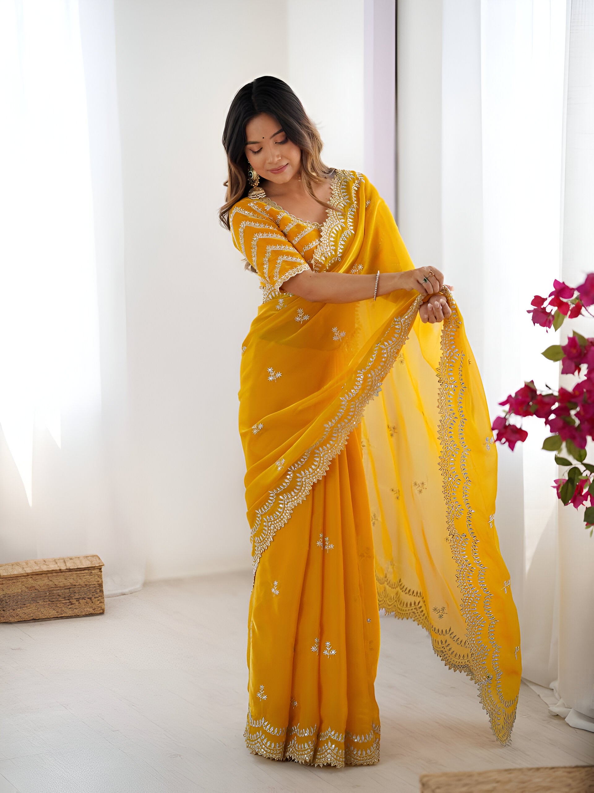 Lehenga Mart Party Wear saree for women - yellow - Distacart
