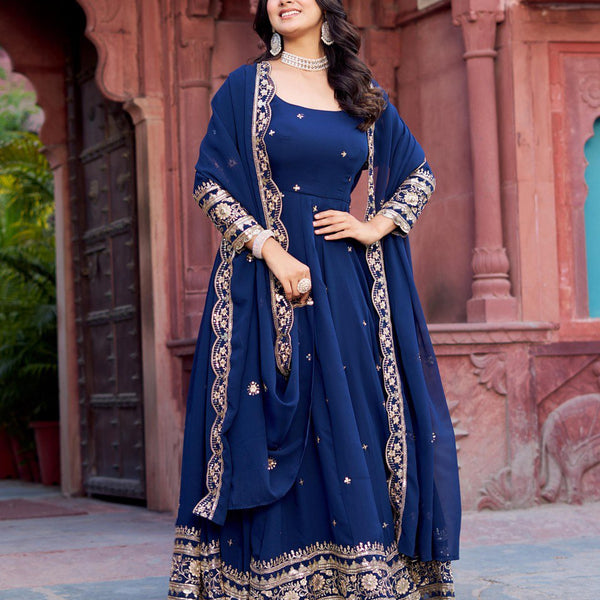 Lehenga Mart Designer Anarkali Suit With Kurta Palazzo Dupatta For Women-Blue - Dista