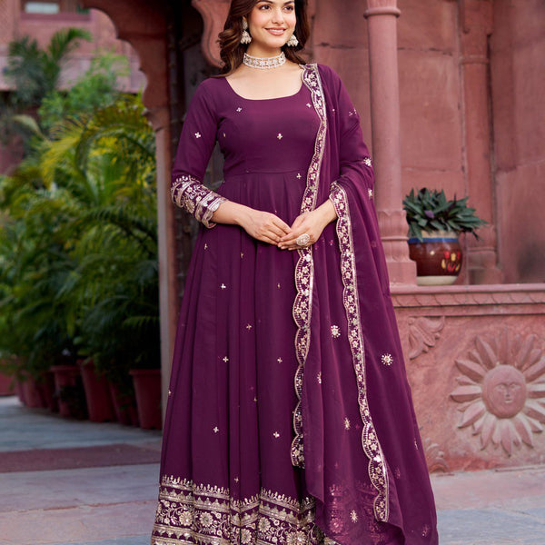 Lehenga Mart Designer Anarkali Suit With Kurta Palazzo Dupatta For Women-Wine - Dista