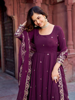 Thumbnail for Lehenga Mart Designer Anarkali Suit With Kurta Palazzo Dupatta For Women-Wine - Dista