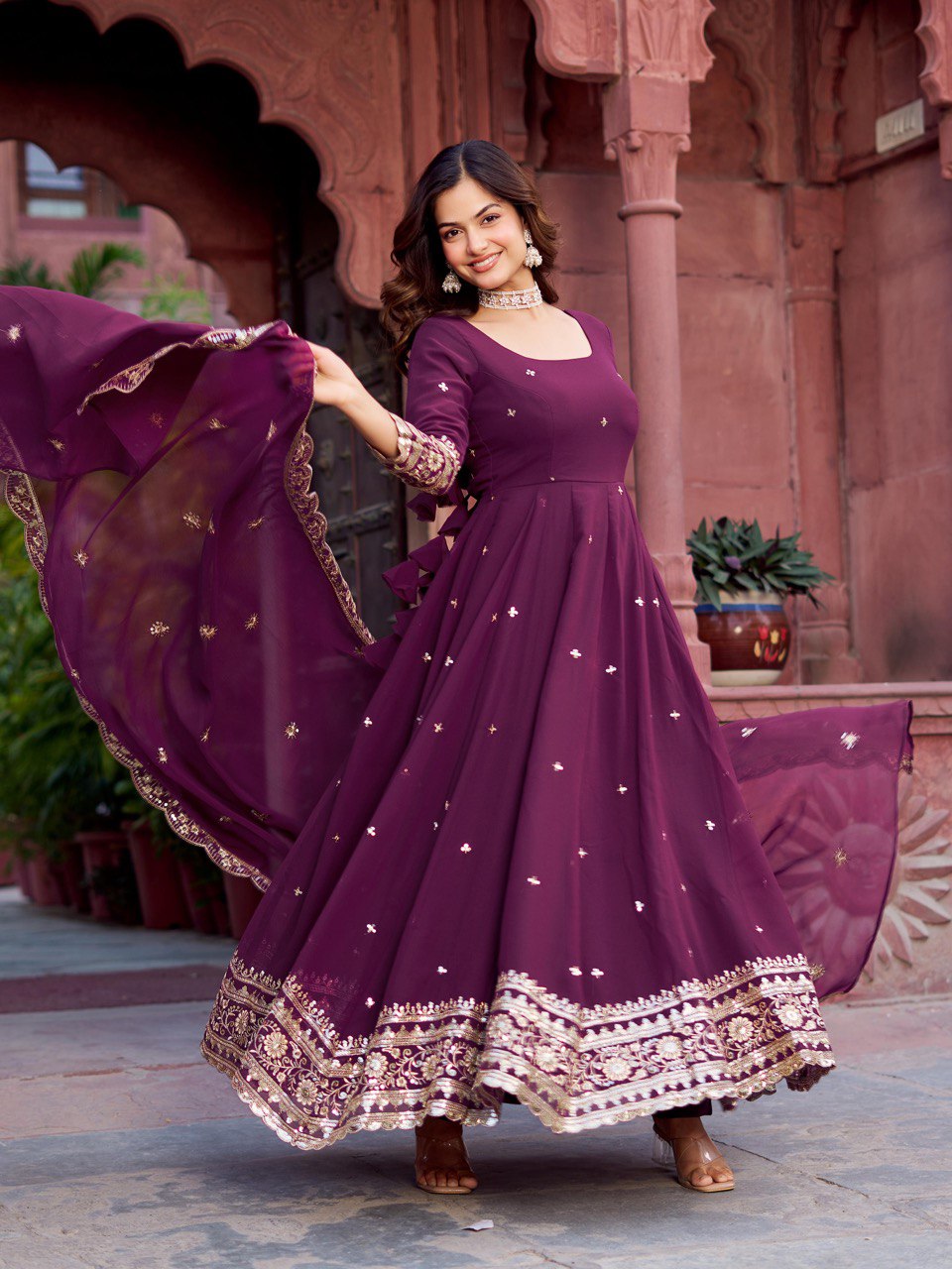 Lehenga Mart Designer Anarkali Suit With Kurta Palazzo Dupatta For Women-Wine - Dista