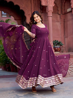 Thumbnail for Lehenga Mart Designer Anarkali Suit With Kurta Palazzo Dupatta For Women-Wine - Dista