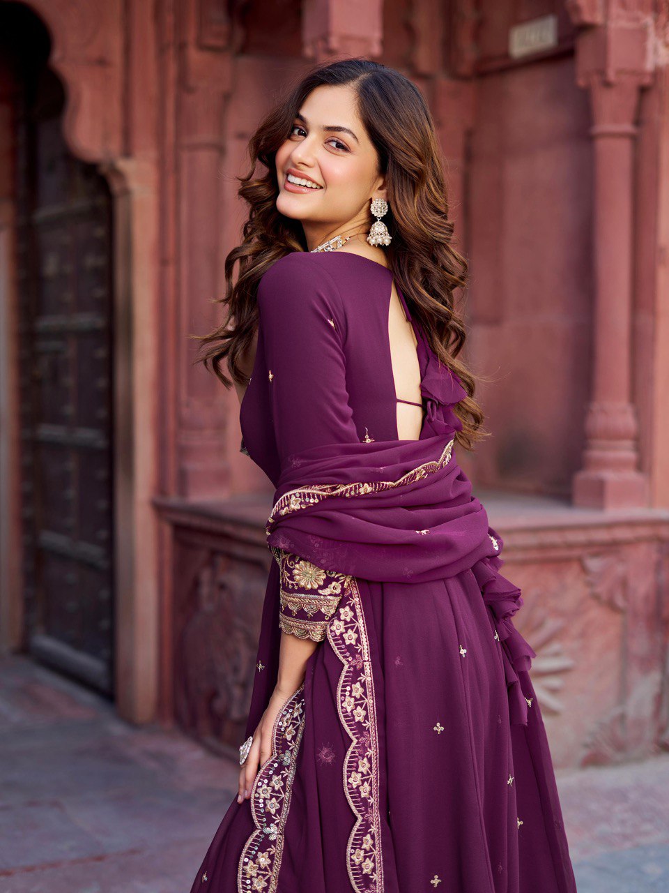 Lehenga Mart Designer Anarkali Suit With Kurta Palazzo Dupatta For Women-Wine - Dista