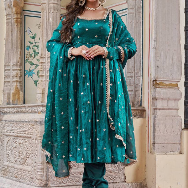 Lehenga Mart Designer Anarkali Suit With Kurta Palazzo Dupatta For Women-Emerald Green - Dista