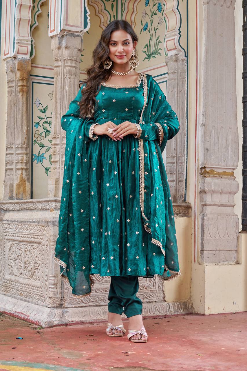 Lehenga Mart Designer Anarkali Suit With Kurta Palazzo Dupatta For Women-Emerald Green - Dista