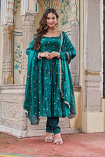 Thumbnail for Lehenga Mart Designer Anarkali Suit With Kurta Palazzo Dupatta For Women-Emerald Green - Dista