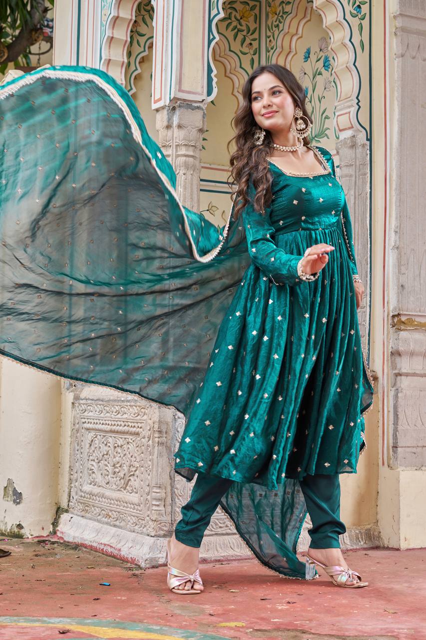Lehenga Mart Designer Anarkali Suit With Kurta Palazzo Dupatta For Women-Emerald Green - Dista